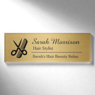 Scissors Comb Hair Stylist Salon Brushed Gold Name Tag