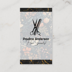 Scissors Comb Logo   Black Marble   Flowers Business Card