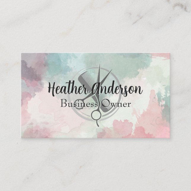 Scissors Comb Logo | Watercolor Background Appointment Card (Front)
