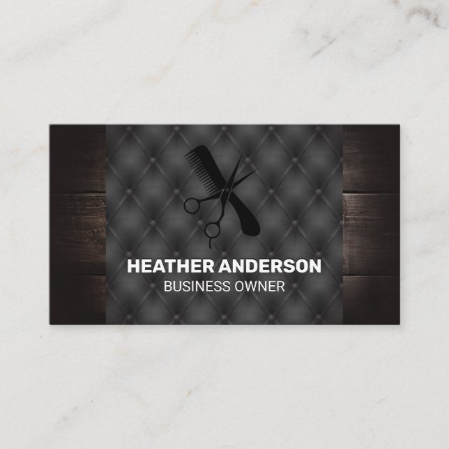 Scissors Comb Logo | Wood Button Fabric Business Card (Front)