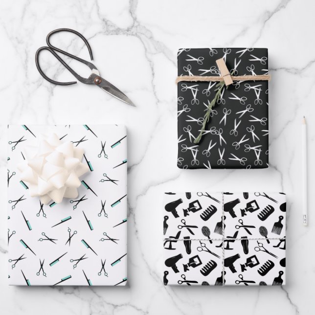 Scissors & Combs Hair Stylist Patterns Wrapping Paper Sheet (Front)