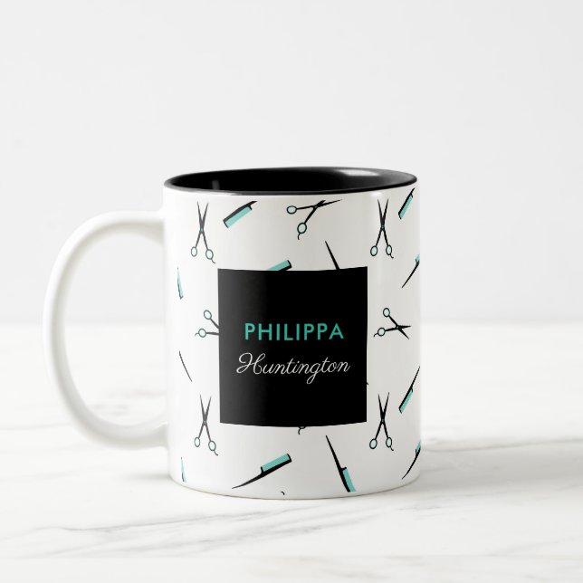 Scissors & Combs - Turquoise Black - Add Name Two-Tone Coffee Mug (Left)