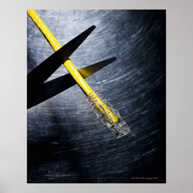 Scissors cutting ethernet connection cable poster (Front)