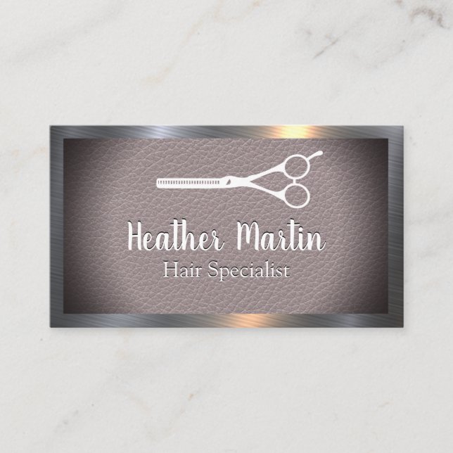 Scissors | Leather | Metallic Frame Business Card (Front)