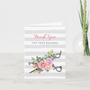 Scissors Stripes Pink Floral Hair Salon Thank You Card