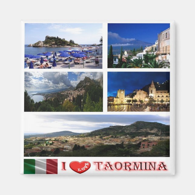 SCL059 TAORMINA, I Love, Mosaic Sicily, Fridge Magnet (Front)