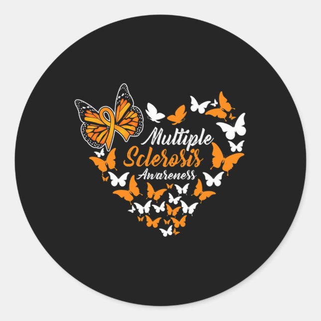 Sclerosis Awareness Ms Orange Ribbon Butterfly  Classic Round Sticker (Front)