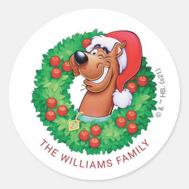 Scooby in Christmas Wreath - Personalized Classic Round Sticker (Front)