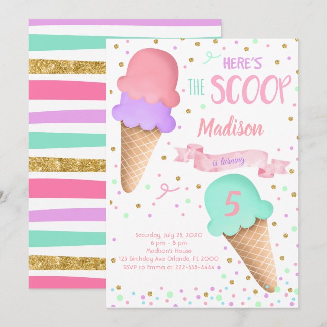 Scoop Glitter  Ice Cream Birthday Invitation (Front/Back)