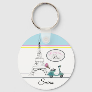 Scooter riding past the Eiffel Tower Paris France Keychain