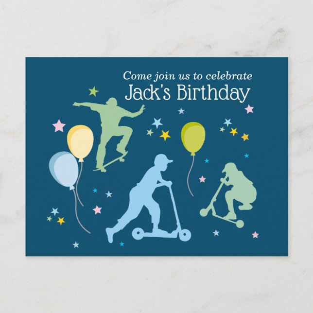 Scooters, Bikes, Skateboards, ride on over Invitation Postcard (Front)