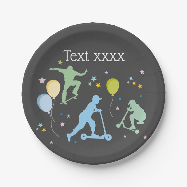 Scooters, Bikes, Skateboards, ride on over Paper Plate (Front)