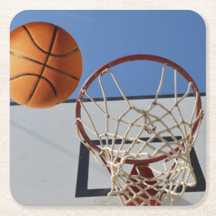 Scoring Points Basketball Going Through A Hoop, Square Paper Coaster