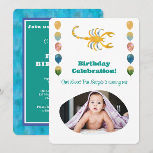 Scorpio 1st Birthday Photo Impressionist Gold Invitation