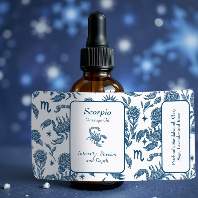 Scorpio Essential Oil Botté Féminine Bleu Floral (Gorgeous Scorpio essential oil bottle label with detailed scorpions and feminine blue floral pattern)