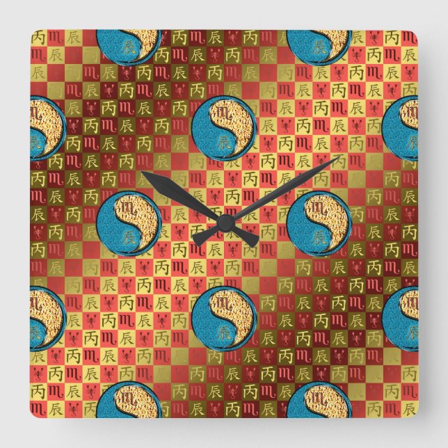Scorpio & Fire Dragon Square Wall Clock (Front)