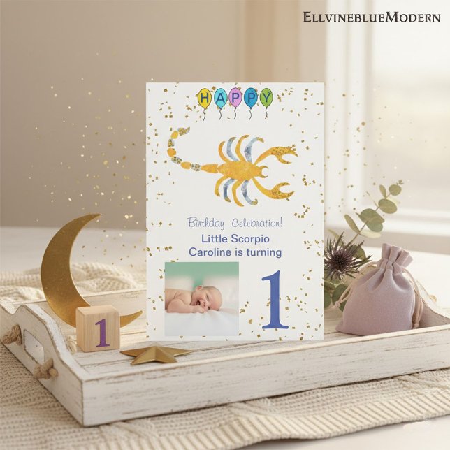 Scorpio First Birthday Gold, Balloons & Photo Invitation (Creator Uploaded)