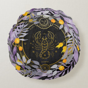 Scorpio Floral Wreath with Zodiac Symbol Round Pillow