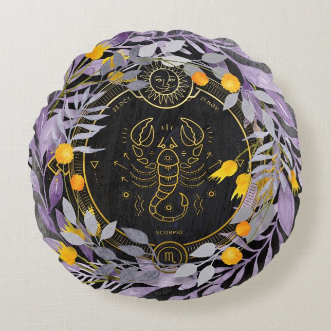 Scorpio Floral Wreath with Zodiac Symbol Round Pillow (Front)