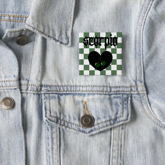 Scorpio Gothic Aesthetic Checkered Cherries Design 2 Inch Square Button (In Situ)