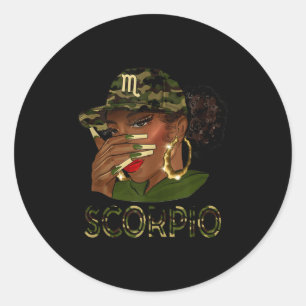 Scorpio Queen Black Girl With Cap Camo Afro Woman  Classic Round Sticker