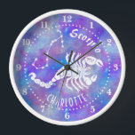 Scorpio Scorpion Constellation Stars Name Birthday Clock<br><div class="desc">This fun clock makes the perfect gift for anyone born under the zodiac sign Scorpio. It includes a vintage scorpion, plus the constellation and space for the birthday person's name, all in white with a purple-pink starry background. Just use the easy template to add your personalized name. DESIGN TIP: You...</div>