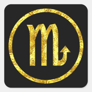 Scorpio Sign Gold Black Circle Hammered Gold Look Square Sticker