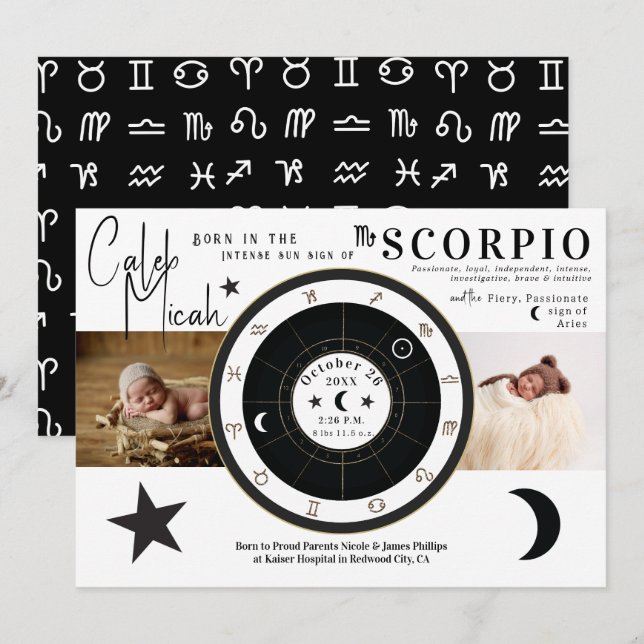 Scorpio Soleil & Lune - Faire-part de naissance Zo (Devant / Derrière)