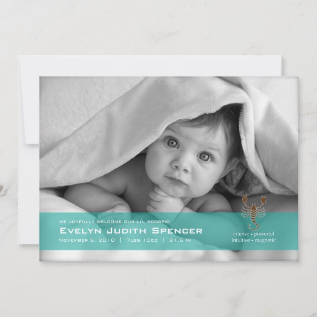 Scorpio the Scorpion Photo Birth Announcement Card (Front)