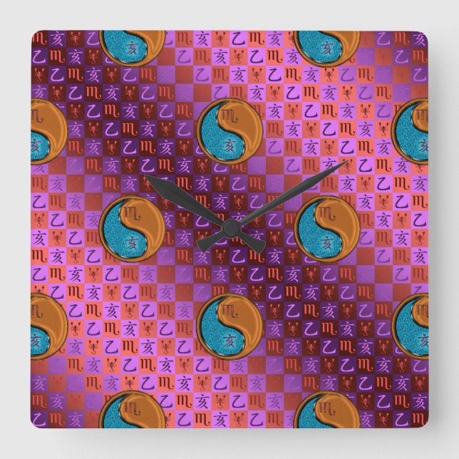 Scorpio & Wood Boar Square Wall Clock (Front)