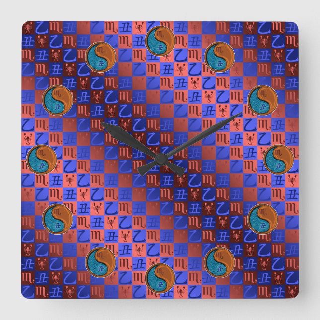 Scorpio & Wood Ox Square Wall Clock (Front)