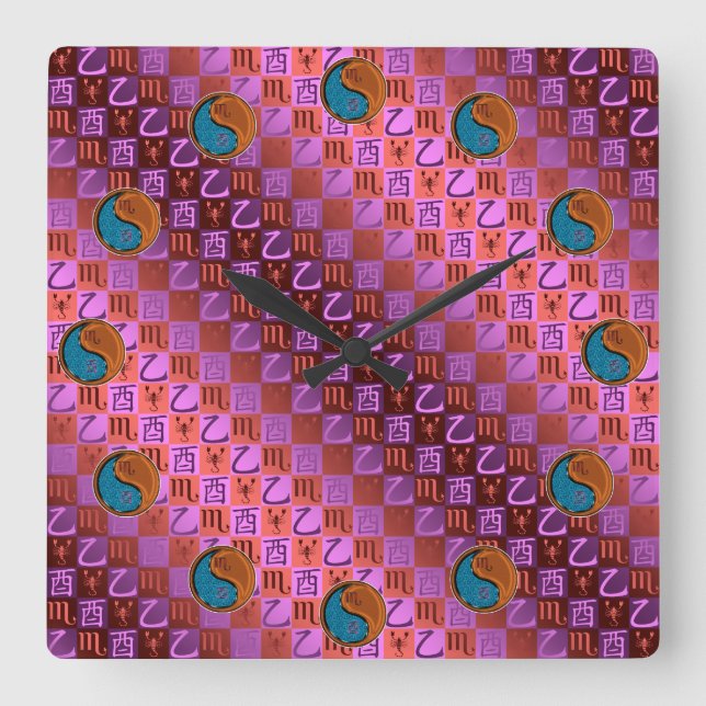 Scorpio & Wood Rooster Square Wall Clock (Front)