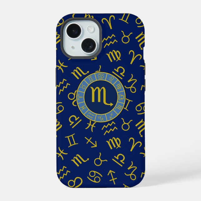 Scorpio Zodiac+Astrology Symbols Pattern Gld+Blues iPhone 15 Case (Back)