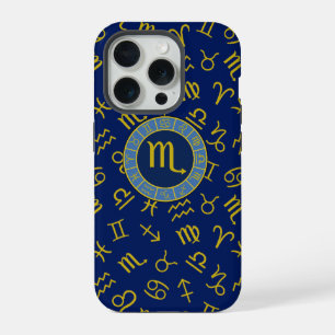 Scorpio Zodiac+Astrology Symbols Pattern Gld+Blues iPhone 15 Pro Case