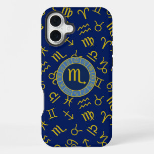 Scorpio Zodiac+Astrology Symbols Pattern Gld+Blues iPhone 16 Plus Case