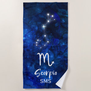 Scorpio Zodiac Constellation Blue Galaxy Monogram Beach Towel