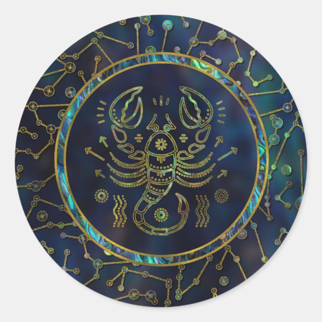 Scorpio Zodiac Gold Abalone on Constellation Classic Round Sticker (Front)