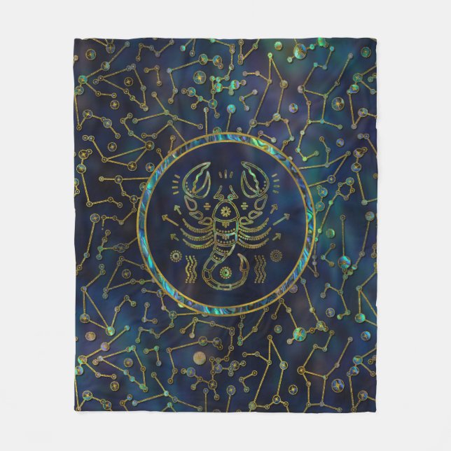Scorpio Zodiac Gold Abalone on Constellation Fleece Blanket (Front)