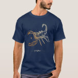 Scorpio Zodiac Gold Monochrome Graphic T-Shirt<br><div class="desc">For our zodiac monochrome collection we've created this beautiful one-of-a-kind custom Scorpio zodiac illustrative graphic t-shirt design. The Scorpio zodiac artwork is in a faux gold foil style. This creates a pop of color and elegant sparkle against the mid-night navy blue sky. The Scorpio design is bold, strong and modern,...</div>