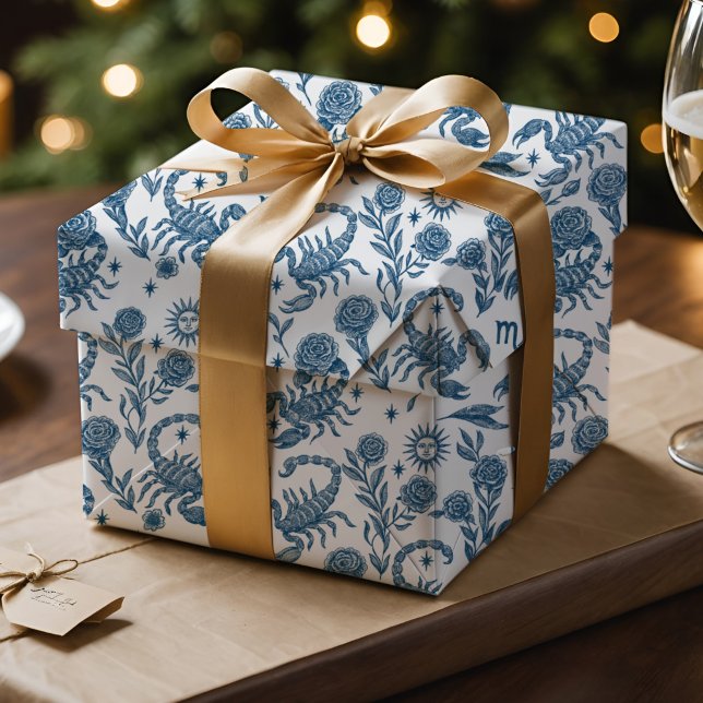 Scorpio Zodiac Intricate Celestial Blue Floral Wrapping Paper (Scorpio Zodiac toile wrap with Delft blue scorpions, florals & celestial charm.)
