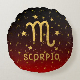 Scorpio Zodiac Red and Gold Round Pillow