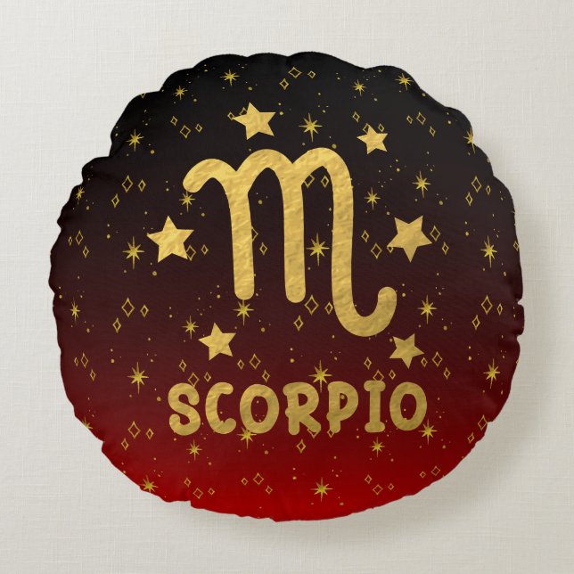 Scorpio Zodiac Red and Gold Round Pillow (Front)