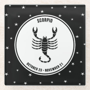 Scorpio Zodiac Sign, Black & White Glass Coaster