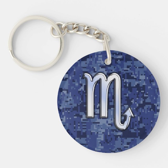 Scorpio Zodiac Sign on Navy Blue Camouflage Decor Keychain (Front)