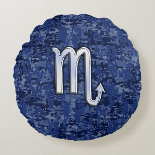 Scorpio Zodiac Sign on Navy Blue Camouflage Decor Round Pillow