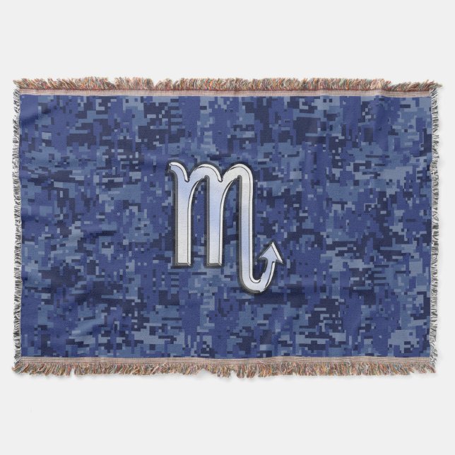 Scorpio Zodiac Sign on Navy Blue Camouflage Decor Throw Blanket (Front)
