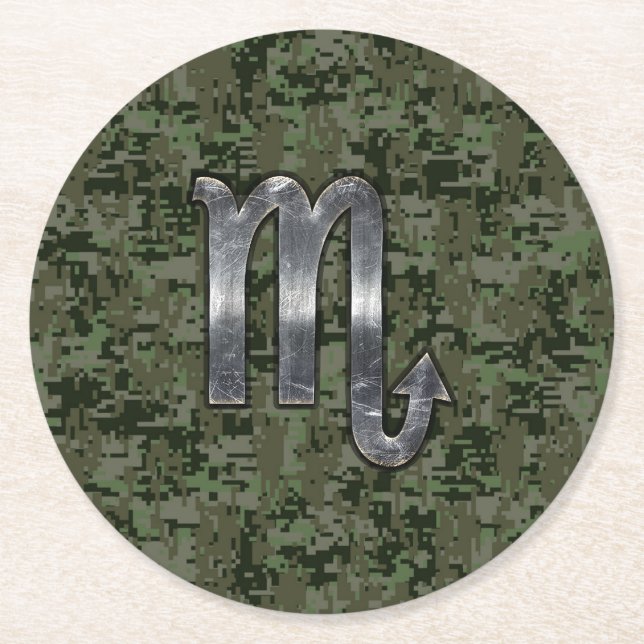 Scorpio Zodiac Sign Woodland Digital Camo Round Paper Coaster (Front)