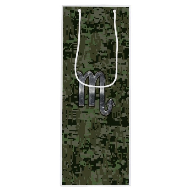 Scorpio Zodiac Sign Woodland Green Digital Camo Wine Gift Bag (Front)
