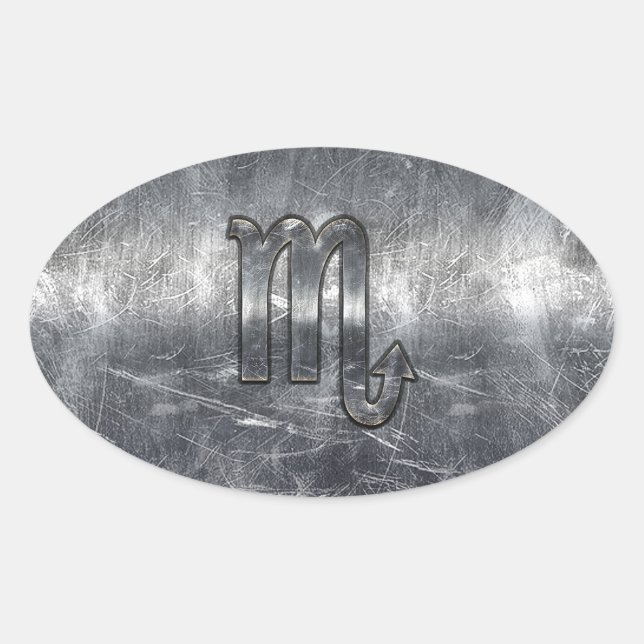 Scorpio Zodiac Symbol in Grunge Metallic Style Oval Sticker (Front)