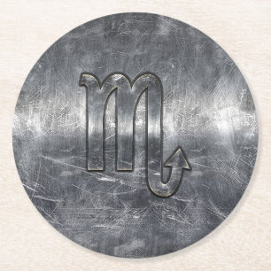 Scorpio Zodiac Symbol in Grunge Metallic Style Round Paper Coaster